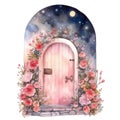 Fantasy watercolor magical colorful door to the space illustration