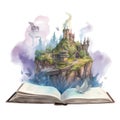 Fantasy watercolor open book of fantasy magical world illustration