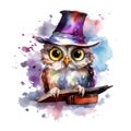 Fantasy watercolor wizard magical owl illustration