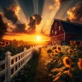 image of a farm different weather,a quaint white picket fence and a field of blooming sunflowers Royalty Free Stock Photo