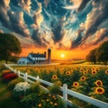 image of a farm different weather,a quaint white picket fence and a field of blooming sunflowers Royalty Free Stock Photo