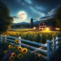 image of a farm different weather,a quaint white picket fence and a field of blooming sunflowers Royalty Free Stock Photo