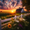 image of a farm different weather,a quaint white picket fence and a field of blooming sunflowers Royalty Free Stock Photo