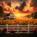 image of a farm different weather,a quaint white picket fence and a field of blooming sunflowers Royalty Free Stock Photo