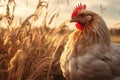 image of farm life white chicken grazing in a field among grass with warm sunset light Royalty Free Stock Photo