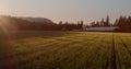 Image of farmhouse, field with trees and lake on sunny day