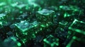 The image features abstract cubes with an emerald glow, creating a sense of technological structure