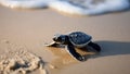 A baby sea turtle crawling on the sandy beach. generative ai.