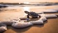 A baby sea turtle crawling on the sandy beach. generative ai.