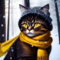 Cat in a hat and scarf its snowing in the forest yellow black diffused light Royalty Free Stock Photo