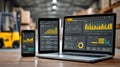 A modern workspace reflects data analytics on multiple screens. This image showcases laptop and mobile devices with vibrant graphs Royalty Free Stock Photo