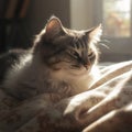 Contented American Curl on Soft Blanket in Sunbeam