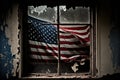 American flag in the window of an old abandoned building. The concept of war and political conflicts.