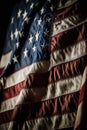 American flag in the window of an old abandoned building. The concept of war and political conflicts.