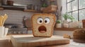 The image features an animated slice of bread with a surprised face on a lively kitchen background Royalty Free Stock Photo
