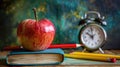 Back to School Essentials: Apple on Piled Books with Pencils and Alarm Clock Royalty Free Stock Photo