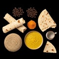 Flatbread and coffee beans arrangement isolated on black background Royalty Free Stock Photo