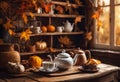teapots and teacups on a wooden table in front of the window Royalty Free Stock Photo