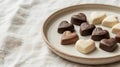 Heart shaped chocolate candies on a plate on a white tablecloth