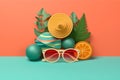 arranged formation sun glasses, palm leaf and hat in pastel background ai generated