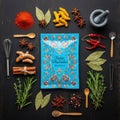Spices and cookbook isolated on white background Royalty Free Stock Photo