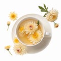Chrysanthemum Flower Tea Composition in White Cup with Blooms and Leaves on Transparent Background Royalty Free Stock Photo