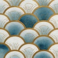 Elegant Blue and White Scallop Pattern with Gold Accents Design Royalty Free Stock Photo