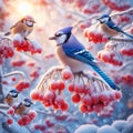 The image features a beautiful winter scene with birds perched on a tree branch covered in snow and red berries. Royalty Free Stock Photo