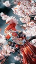 A stunning bird perched among cherry blossoms. This colorful creature showcases vibrant feathers and intricate patterns Royalty Free Stock Photo