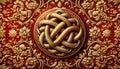 Intricate Celtic Knot Design on Ornate Red Background, AI Generated