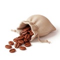 Coffee beans spilling from bag, isolated on white background Royalty Free Stock Photo