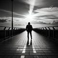 Black and white man with hat standing on bridge