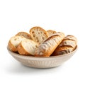 Assorted bread in bowl, isolated on white background Royalty Free Stock Photo