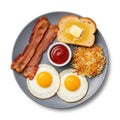 Breakfast plate with bacon, eggs, toast, and hash browns isolated on white background Royalty Free Stock Photo