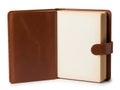 Brown leather notebook opened page isolated on white background Royalty Free Stock Photo