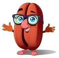 A cartoon image of a coffee bean character with glasses, a nose, and a smiling face, standing with outstretched Royalty Free Stock Photo