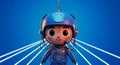 a charming cartoon robot character with a blue helmet and headset, set against a vibrant blue background with radiating white line Royalty Free Stock Photo