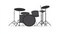 The image features a cartoon sketch drawing of a drum set in black silhouette, isolated on a white background, serving Royalty Free Stock Photo
