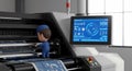 a cartoonish depiction of a worker operating a large industrial printing machine with a digital interface and printed circuit boar Royalty Free Stock Photo