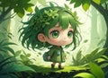 This image features a character with their face obscured, standing in a lush green forest.