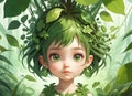This image features a character with their face obscured, standing in a lush green forest.