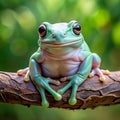 Adorable green tree frog with big eyes sits on a wooden branch with a blurred green leafy background Royalty Free Stock Photo