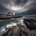 Small Castle Hill Lighthouse at Sunset in Newport, Rhode Island