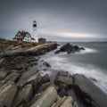 Small Castle Hill Lighthouse at Sunset in Newport, Rhode Island