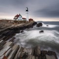 Small Castle Hill Lighthouse at Sunset in Newport, Rhode Island