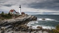 Small Castle Hill Lighthouse at Sunset in Newport, Rhode Island Royalty Free Stock Photo