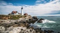 Small Castle Hill Lighthouse at Sunset in Newport, Rhode Island Royalty Free Stock Photo