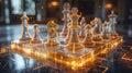 The image features chess pieces designed as holographic objects on a digital board