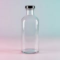 A clear glass bottle with a silver cap on a colored background Royalty Free Stock Photo