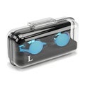 A clear plastic case containing blue glasses with the letter L on transparent background Royalty Free Stock Photo